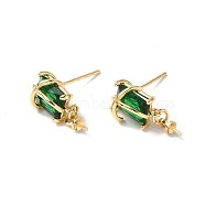 Brass Glass Rhinestone Stud Earring Findings, with Cup Peg Bails and 925 Sterling Silver Pins, Real 18K Gold Plated, Rectangle, Emerald, 18x8mm, Pin: 0.8mm(KK-B063-14G)