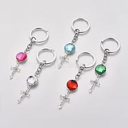 Acrylic Rhinestone Keychain, with Tibetan Style Crucifix Pendants and Alloy Findings, Mixed Color, 120mm(KEYC-JKC0018)