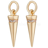 14Pcs Rack Plating Brass Micro Pave Cubic Zirconia Charms, Long-Lasting Plated, Cadmium Free & Lead Free, with Jump Ring, Cone/Spike Charm, Real 14K Gold Plated, 15x4mm, Hole: 3.5mm(KK-BBC0007-53)