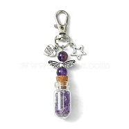 Glass Wishing Bottle with Natural Amethyst inside Pendant Decorations, Star & Heart Tibetan Style Alloy and Swivel Lobster Claw Clasps Charm, 86mm, Pendants: 58x21.5x13mm(HJEW-JM01741-05)