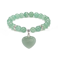 Natural Green Aventurine Round Beaded Stretch Bracelet with Heart Charm, Gemstone Yoga for Women, Inner Diameter: 2 inch(4.95cm)(BJEW-JB09019-05)