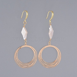 Brass Dangle Earrings, with Natural Baroque Pearl Keshi Pearl, Cultured Freshwater Pearl Beads and Cardboard Box, Ring, White, 74mm, pin: 0.8x1mm(EJEW-JE03753-03)