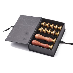 (Defective Closeout Sale: Oxidation) Random Style Wax Seal Stamp Set, Including 12Pcs Brass Wax Seal Stamp Heads and 2Pcs Wood Handles, with Gift Box, Mixed Patterns, Golden, 150x107x42mm, Stamp Heads: about 25.5x14.5mm, Hole: 7mm, Rondom 12 styles, 1pc/style(DIY-XCP0002-05)
