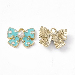 Alloy Enamel Pendants, with ABS Plastic Imitation Pearl Beads, Light Gold, Bowknot Charm, Dark Turquoise, 12.5x16.5x5mm, Hole: 1.6mm(PALLOY-P287-05LG-01)