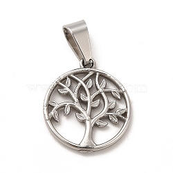 304 Stainless Steel Pendants, Flat Round with Tree of Life Charms, Stainless Steel Color, 18.5x16x1.5mm, Hole: 6x3.5mm(STAS-A073-07P)