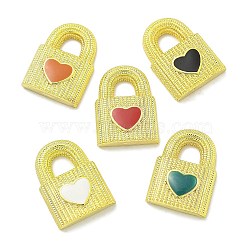 Rack Plating Brass Enamel Pendants, Long-Lasting Plated, Lead Free & Cadmium Free, Padlock with Heart Charms, Real 18K Gold Plated, Mixed Color, 17x12x4mm, Hole: 4.5x4.5mm(KK-L224-045G)