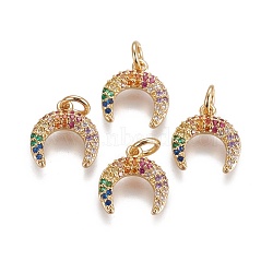 Brass Micro Pave Cubic Zirconia Charms, Double Horn/Crescent Moon, Colorful, Golden, 12x11x2.5mm, Hole: 3mm(ZIRC-E145-69G)