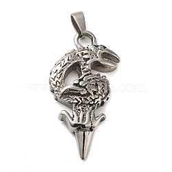 304 Stainless Steel Pendants, Dragon Charm, Antique Silver, 41x21.5x6mm, Hole: 7x4mm(STAS-Q317-03AS)
