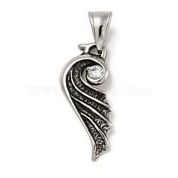 316 Surgical Micro Pave Cubic Zirconia Stainless Steel Pendants, Wing, Antique Silver, Clear, 30x18x8.5mm, Hole: 4.5x6.5mm(STAS-Z073-64AS-01)