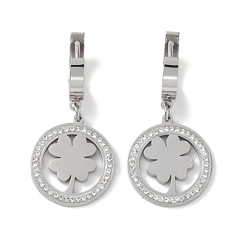 304 Stainless Steel Rhinestone Dangle Earrings, Flat Round with Clover Hoop Earrings for Women, Stainless Steel Color, 36x17mm