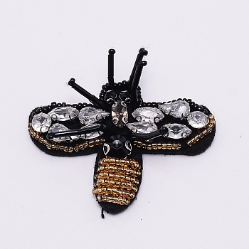 Embroidery Thread Sew Cloth, with Rhinestone and Iron Findings, Cloth Accessories, Appliques, Bee, Black, 43.5x58x20mm