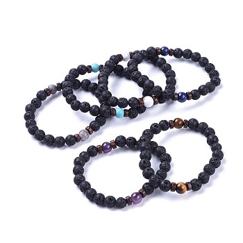 Natural Lava Rock Bead Stretch Bracelets, with Gemstone Beads and Wood Beads, 2-1/8 inch(5.5cm)