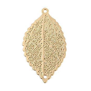 Rack Plating Brass Filigree Connector Charms, Long-Lasting Plated, Leaf Etched Metal Embellishments, Light Gold, 25x14x0.3mm, Hole: 1.2mm