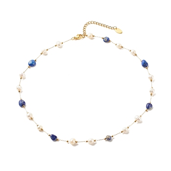 Natural Lapis Lazuli & Pearl Beaded Necklace, Gold Plated Stainless Steel Jewelry for Women, 15.98~16.14 inch(40.6~41cm)