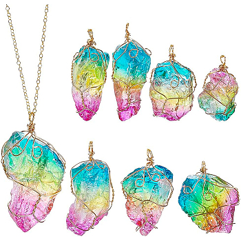 8Pcs Raw Rough Natural Quartz Crystal Big Pendants, with Light Gold Copper Wire Wrapped, Dyed, Nuggets, Colorful, 55~65x22~30mm, Hole: 4mm