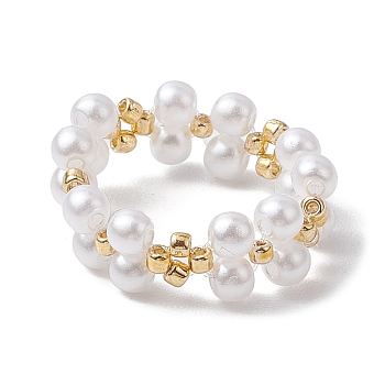 Round Acrylic Imitation Pearl & Seed Beads Stretch Rings for Women, White, 7mm, Inner Diameter: 20mm