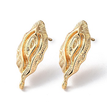 Rack Plating Brass Stud Earring Findings, with Vertical Loop, Irregular Oval, Real 18K Gold Plated, 21.5x9mm, Hole: 1mm, Pin: 0.8mm