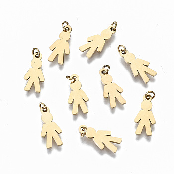304 Stainless Steel Charms, with Jump Rings, Laser Cut, Boy, Real 14K Gold Plated, 12x6x1mm, Jump Ring: 3x0.4mm, 2.2mm inner diameter