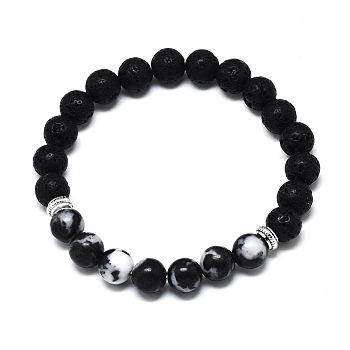 Natural Black Agate Beads Stretch Bracelets, with Synthetic Lava Rock Beads and Alloy Beads, Round, Inner Diameter: 2-1/8 inch(5.5cm), Beads: 8.5mm