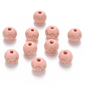 Painted Natural Wood Beads, Laser Engraved Pattern, Round with Flower Pattern, Pink, 10x9mm, Hole: 3mm