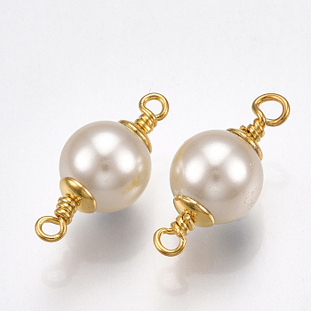 Brass Links connectors, with ABS Plastic Imitation Pearl, Round, Real 18K Gold Plated, 16x6mm, Hole: 1.5mm