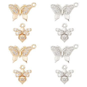 8Pcs 4 Style Brass Micro Pave Clear Cubic Zirconia Pendants, Cadmium Free & Lead Free, Butterfly & Bee, Real Gold Plated & Real Platinum Plated, 11.5~16x10~13x2.5~3mm, Hole: 1.2mm, 2pcs/style