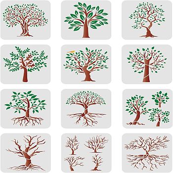 PET Hollow out Drawing Painting Stencils Sets for Kids Teen Boys Girls, for DIY Scrapbooking, School Projects, Tree, 200x200mm, 12 sheets/set