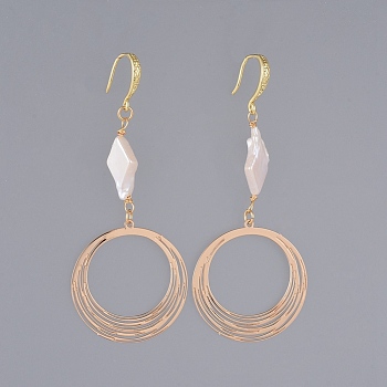 Brass Dangle Earrings, with Natural Baroque Pearl Keshi Pearl, Cultured Freshwater Pearl Beads and Cardboard Box, Ring, White, 74mm, pin: 0.8x1mm