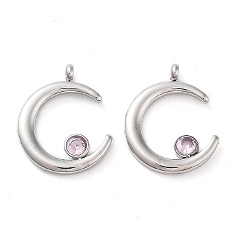 304 Stainless Steel Pendants, with Rhinestone, Stainless Steel Color, Double Horn/Crescent Moon Charm, Light Rose, 18x15x2.5mm, Hole: 1.8mm