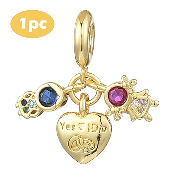 1Pc Rack Plating Brass Pave Colorful Cubic Zirconia European Dangle Charms, Girl & Boy & Heart Large Hole Pendants, Cadmium Free & Lead Free, Long-Lasting Plated, Real 18K Gold Plated, 24mm, Hole: 5mm