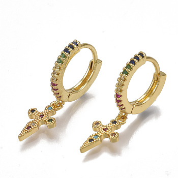 Brass Micro Pave Cubic Zirconia(Random Mixed Color) Dangle Hoop Earrings, Cross, Golden, 28mm, Pin: 0.7mm