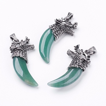 Natural Green Aventurine Big Pendants, with Zinc Alloy Findings, Tusk Shape with Dragon, Antique Silver, Lead Free & Nickel Free, 56~59x25x11.5mm, Hole: 4x8mm
