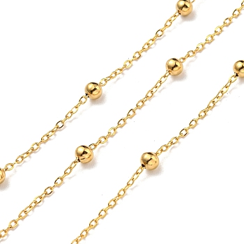 304 Stainless Steel Satellite Chains, Soldered, with Spool, Real 18K Gold Plated, 2x1x0.5mm, Bead: 4x3mm, 10m/roll