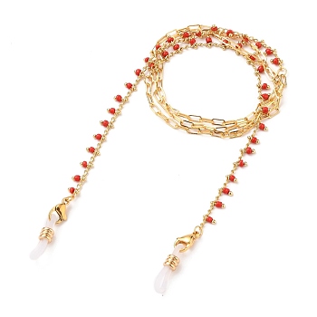 Eyeglasses Chains, Neck Strap for Eyeglasses, with Glass Beads, Brass Paperclip Chains, 304 Stainless Steel Lobster Claw Clasps and Rubber Loop Ends, Real 18K Gold Plated, Red, 27.56 inch(70cm)