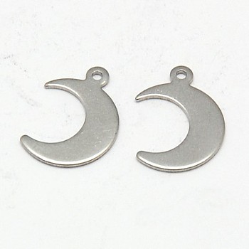 304 Stainless Steel Pendants, Moon, Stainless Steel Color, 16x12x1mm, Hole: 0.5mm