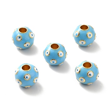 Rack Plating Brass Enamel Beads, Real 18K Gold Plated, Cadmium Free & Lead Free & Nickle Free, Round with Evil Eye, Sky Blue, 10x8.5mm, Hole: 3mm