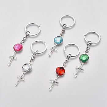 Acrylic Rhinestone Keychain, with Tibetan Style Crucifix Pendants and Alloy Findings, Mixed Color, 120mm