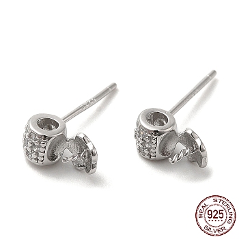 Rhodium Plated Barrel 925 Sterling Silver Micro Pave Cubic Zirconia Stud Earring Findings, for Half Drilled Beads, with S925 Stamp, Real Platinum Plated, 8.5x4.5mm, Pin: 0.8mm and 11x0.7mm