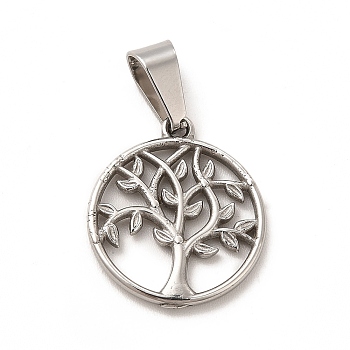 304 Stainless Steel Pendants, Flat Round with Tree of Life Charms, Stainless Steel Color, 18.5x16x1.5mm, Hole: 6x3.5mm