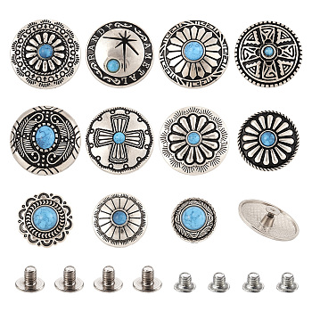 11 Style Flat Round Alloy Enamel Coin Screwback Rivets, with Plastic Imitation Turquoise, for Clothes Bag Shoes Leather Craft, Antique Silver, 20~30mm