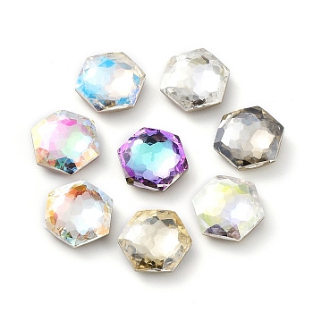 Glass Rhinestone Cabochons, Flat Back & Back Plated, Faceted, Hexagon, Mixed Color, 10x4mm