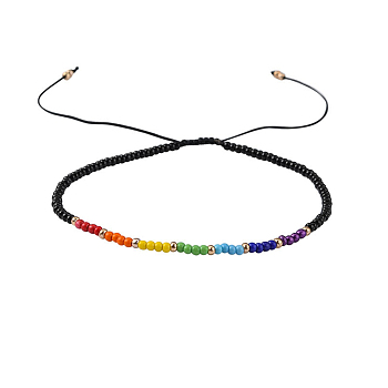 Chakra Jewelry, Nylon Thread Braided Beads Bracelets, with Seed Beads, Black, 46~75mm