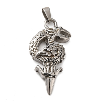 304 Stainless Steel Pendants, Dragon Charm, Antique Silver, 41x21.5x6mm, Hole: 7x4mm