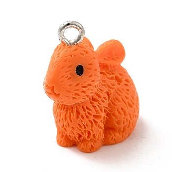 Opaque Resin Pendants, 3D, Rabbit Charm, with Platinum Tone Iron Loops, Coral, 21x12.5x22mm, Hole: 2mm