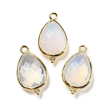 Opalite Faceted Pendants, Rack Plating Golden Plated Brass Teardrop Charms, 21x12x5mm, Hole: 1.6mm
