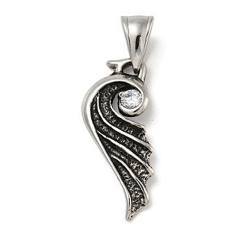 316 Surgical Micro Pave Cubic Zirconia Stainless Steel Pendants, Wing, Antique Silver, Clear, 30x18x8.5mm, Hole: 4.5x6.5mm