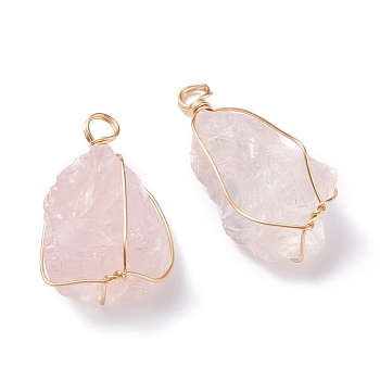 Natural Rose Quartz Pendants, with Light Gold Tone Copper Wire Wrapped, Nuggets, 30~36x16.5~18.5x10.5~12.5mm, Hole: 4.1mm