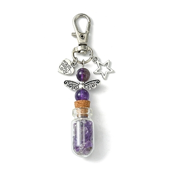 Glass Wishing Bottle with Natural Amethyst inside Pendant Decorations, Star & Heart Tibetan Style Alloy and Swivel Lobster Claw Clasps Charm, 86mm, Pendants: 58x21.5x13mm