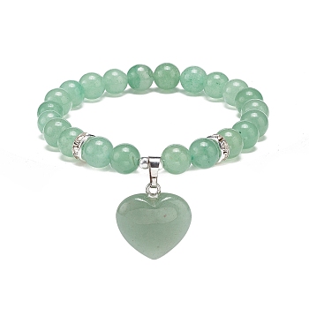 Natural Green Aventurine Round Beaded Stretch Bracelet with Heart Charm, Gemstone Yoga for Women, Inner Diameter: 2 inch(4.95cm)
