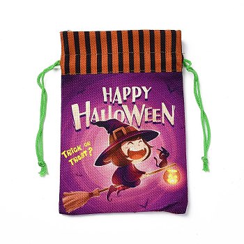 Halloween Cotton Cloth Storage Pouches, Rectangle Drawstring Treat Bags Goody Bags, for Candy Gift Bags, Witch Pattern, 21x14.5x0.4cm